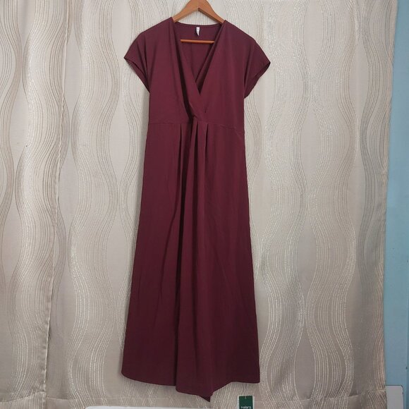 Halara Breezeful Midi Dress Burgundy Large V Neck Cap Sleeves Tie Back Pockets - Picture 4 of 11